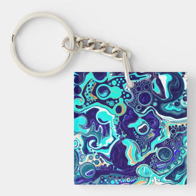  Blue Teal Ocean Swirls Fluid Art  Keychain (Front)