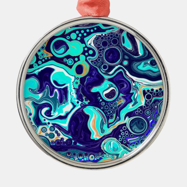  Blue Teal Ocean Swirls Fluid Art    Metal Ornament (Front)