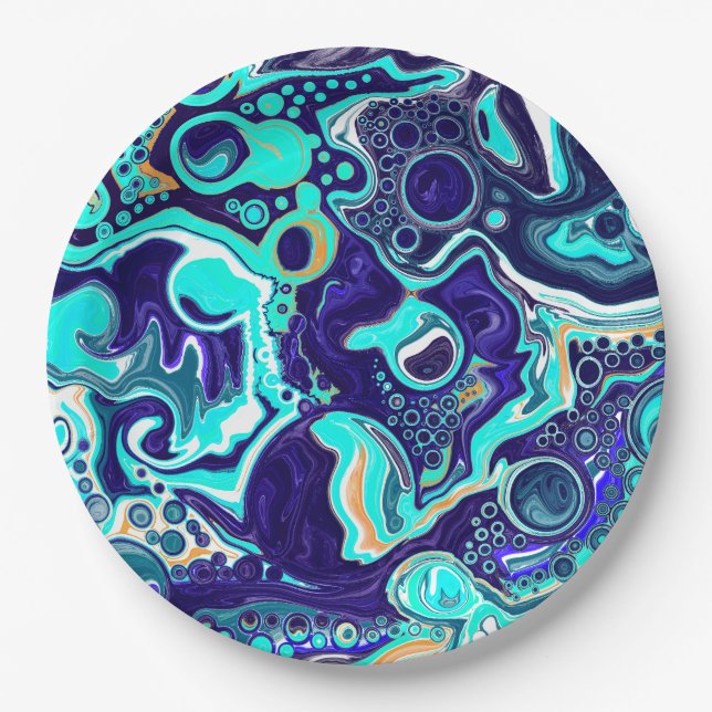  Blue Teal Ocean Swirls Fluid Art  Paper Plates (Front)