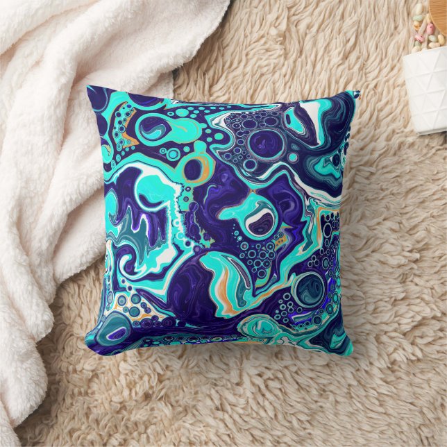  Blue Teal Ocean Swirls Fluid Art   Throw Pillow (Blanket)