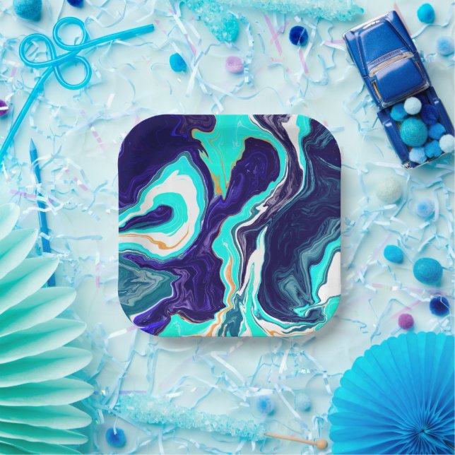  Blue Teal Ocean Swirls Marble Fluid Art Paper Plates (Party)