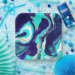 Blue Teal Ocean Swirls Marble Fluid Art Paper Plates