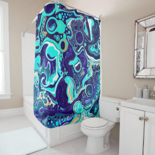 Blue Teal Ocean Swirls Marble Fluid Art Shower Curtain