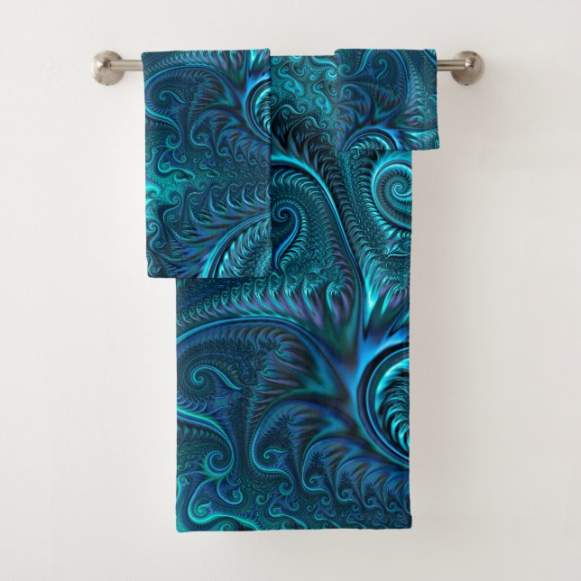 Blue & Teal Octopus Tentacles Spiral Pattern Bath Towel Set (Insitu)