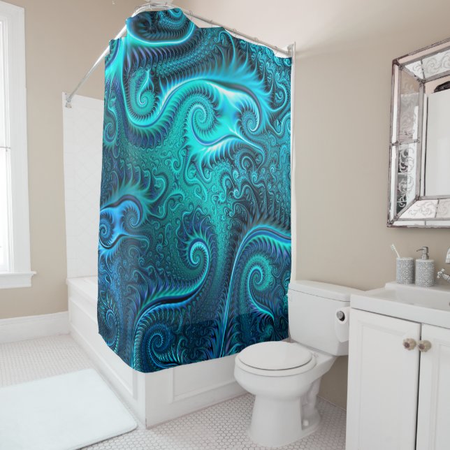 Blue & Teal Octopus Tentacles Spiral Pattern Shower Curtain (In Situ)