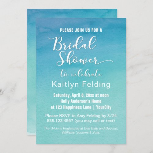 Blue  Teal Ombre Watercolor Bridal Shower b Invitation