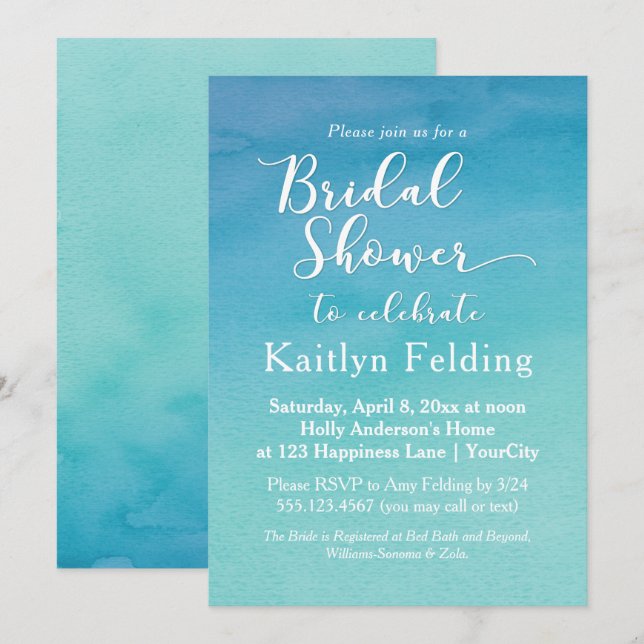 Blue & Teal Ombre Watercolor Bridal Shower Invitation (Front/Back)
