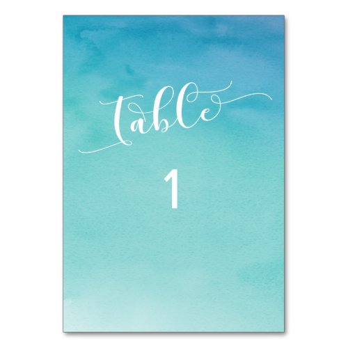 Blue  Teal Ombre Watercolor Sans Serif Table Number