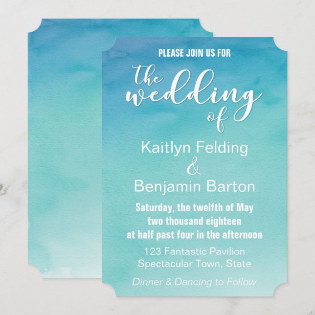 Blue & Teal Ombre Watercolor Wedding Invitation 1b (Front/Back)
