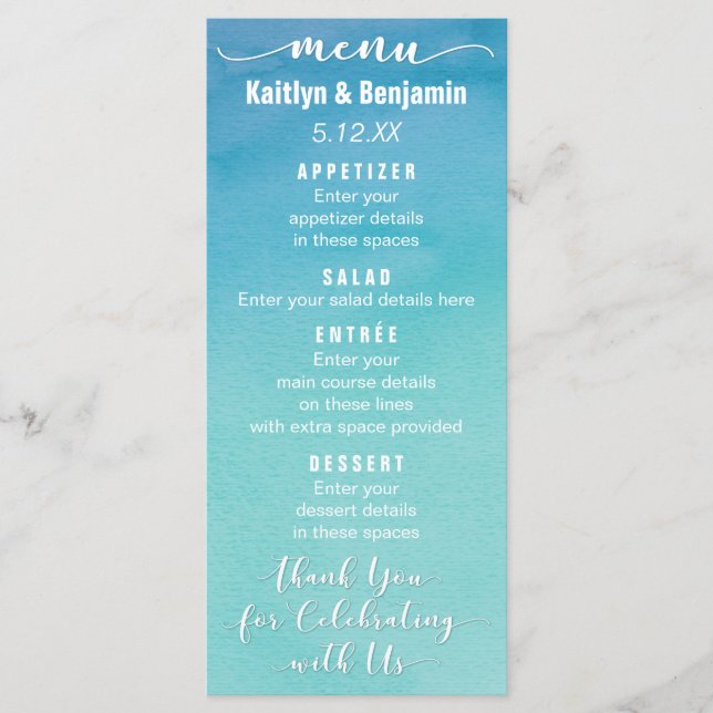 Blue & Teal Ombre Watercolor Wedding Menu Card (Front)