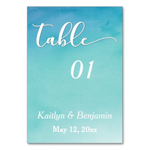 Blue  Teal Ombre Watercolor Wedding Table Number