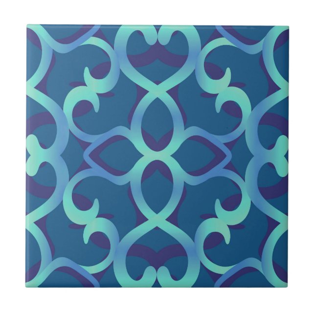 Blue Teal Openwork Lace Pattern Ceramic Tile (Front)