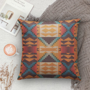 Blue Teal Orange Brown Red Tribal Art Pattern Throw Pillow