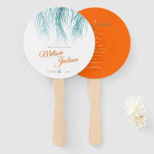 Blue teal orange tropical palms watercolor art hand fan