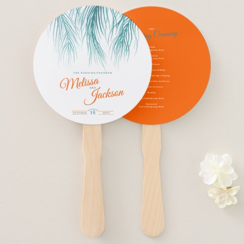 Blue teal orange tropical palms watercolor art hand fan