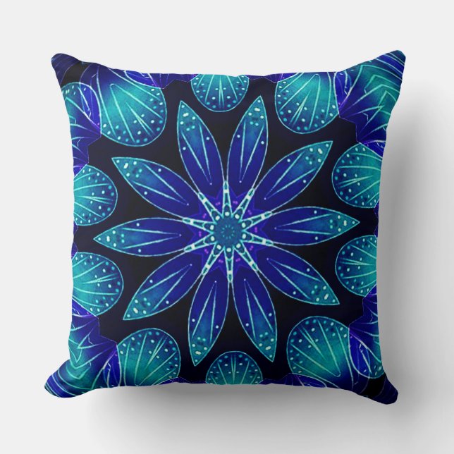 Blue & Teal Petals Mandala Throw Pillow (Front)