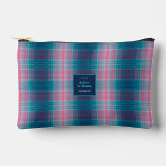 Blue Teal Pink Tartan Personalized Accessory Pouch