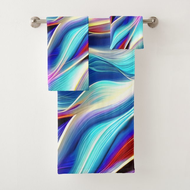 Blue Teal Pink Yellow White Wavy Abstraction Bath Towel Set (Insitu)