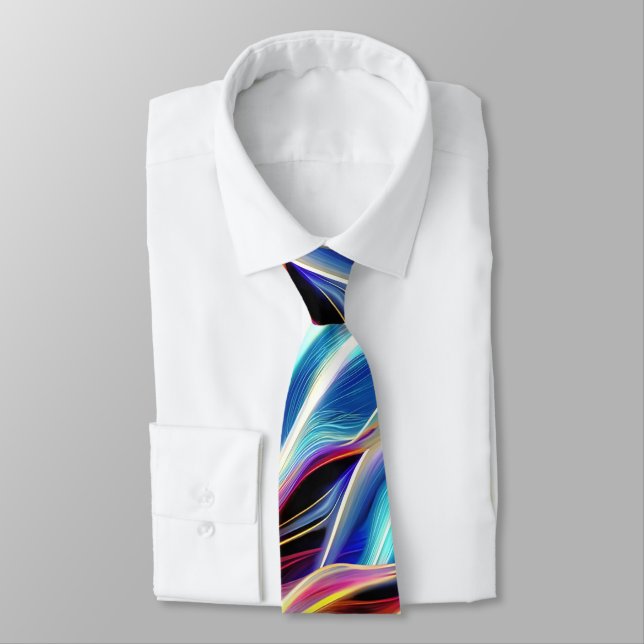Blue Teal Pink Yellow White Wavy Abstraction Neck Tie (Tied)