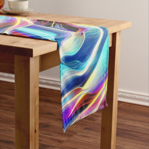 Blue Teal Pink Yellow White Wavy Abstraction Short Table Runner