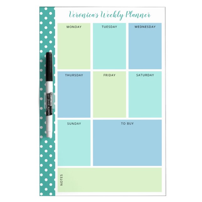Blue Teal Polka Dot Weekly Planner Dry Erase Board (Front)
