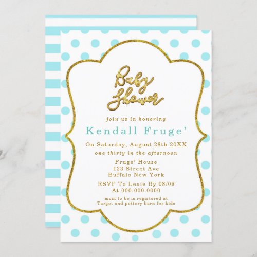 Blue Teal Polka Dots Gold Boy Baby Shower Invites