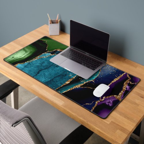 BlueTealPurple Agate wGold Glitter Veins Desk Mat