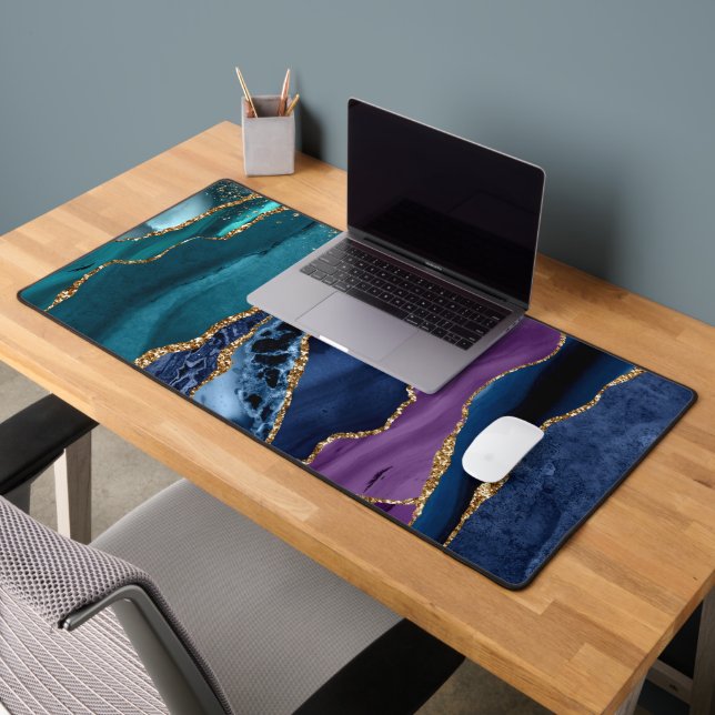 Blue/Teal/Purple Agate w/Gold Veins Desk Mat (Office 2)