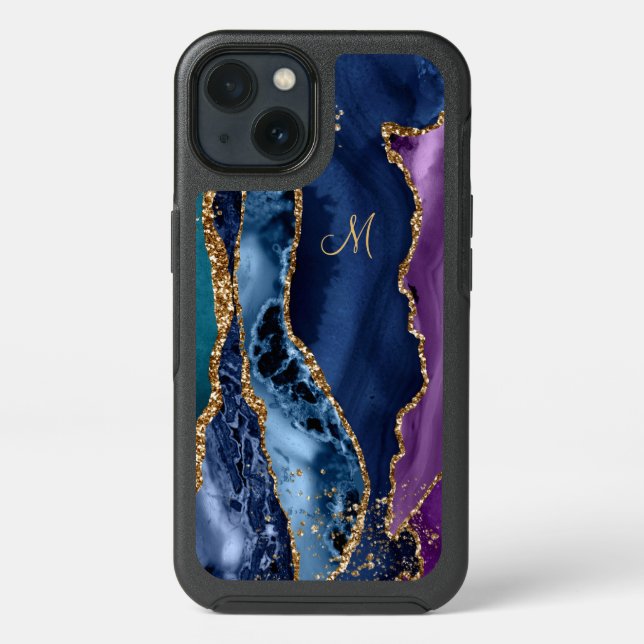 Blue/Teal/Purple Agate w/Gold Veins Monogram Otterbox iPhone Case (Back)