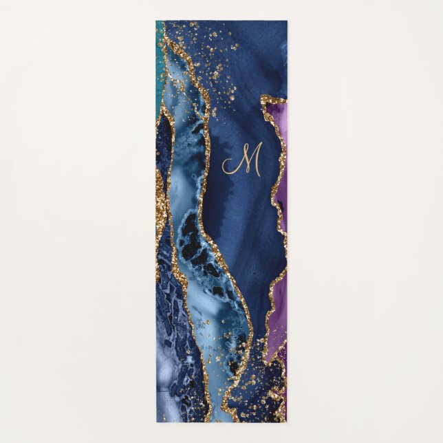 Blue/Teal/Purple Agate w/Gold Veins Monogram Yoga Mat (Front)