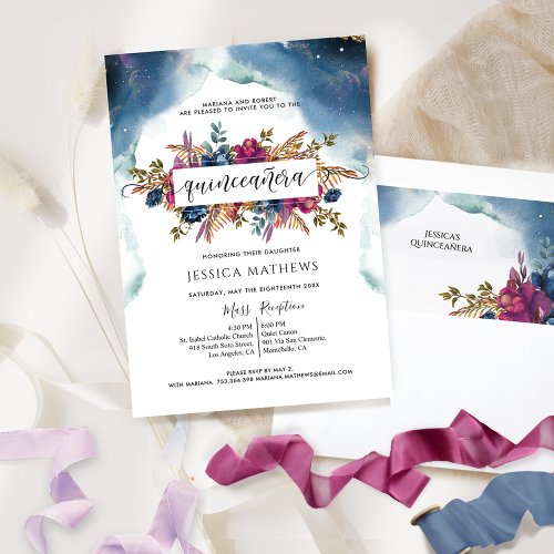 Blue Teal Purple and Fuchsia Elegant Quinceaera Invitation