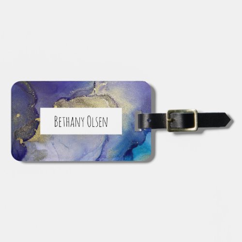 Blue Teal Purple and Gold Alcohol Ink Abstract Luggage Tag