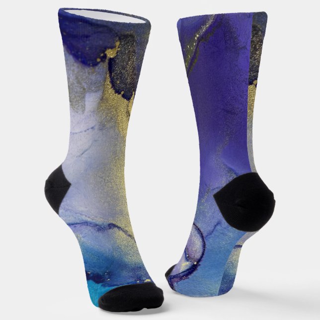 Blue, Teal, Purple and Gold Alcohol Ink Abstract Socks (Angled)