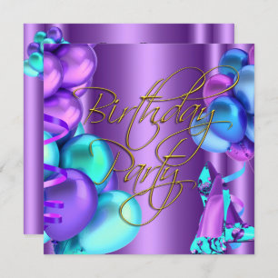 blue teal Purple Gold High Heel Shoes Birthday Invitation