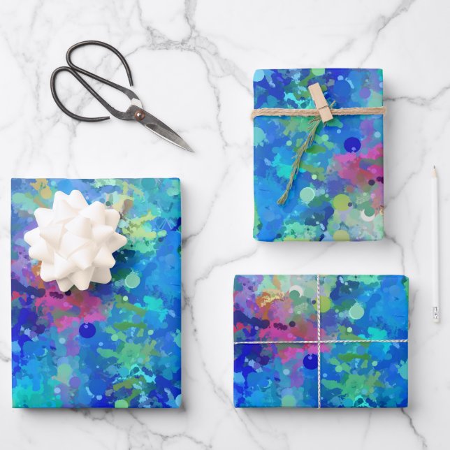 Blue Teal Purple Watercolor Abstraction Wrapping Paper Sheets (Front)