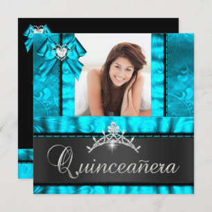 Blue Teal Quinceanera 15th Birthday Party Photo Invitation