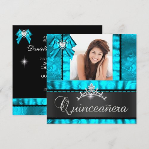 Blue Teal Quinceanera 15th Birthday Party Photo Custom Invite