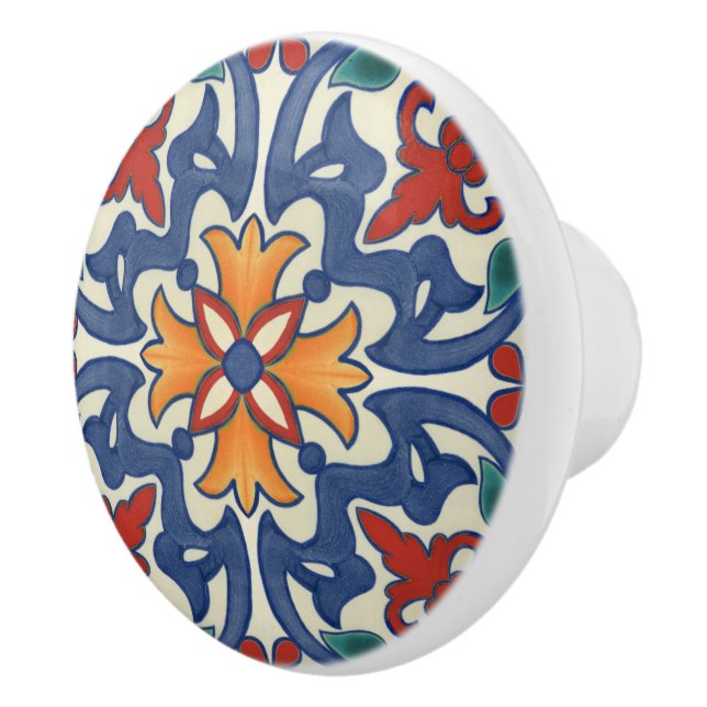 Blue Teal Red Orange Portuguese Azulejos Pattern  Ceramic Knob (Right)
