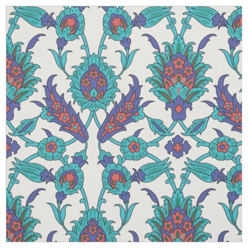Blue Teal Red White Oriental Floral Pattern Fabric