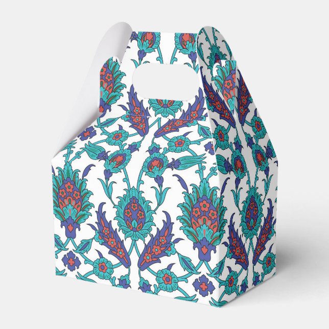 Blue Teal Red White Oriental Floral Pattern Favor Boxes (Front Side)