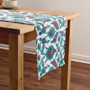 Blue Teal Red White Oriental Floral Pattern Short Table Runner