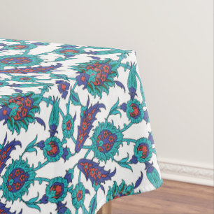 Blue Teal Red White Oriental Floral Pattern Tablecloth