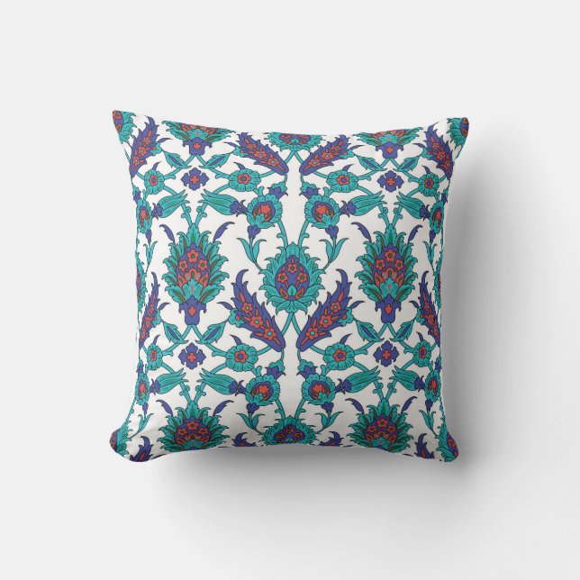 Blue Teal Red White Oriental Floral Pattern Throw Pillow (Front)
