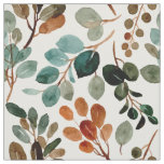 Blue Teal Rust Sage Green Watercolor Leaves White Fabric