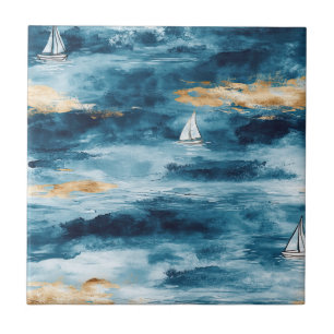 Blue Teal Sailboat Coastal Wave Pattern Ceramic Tile