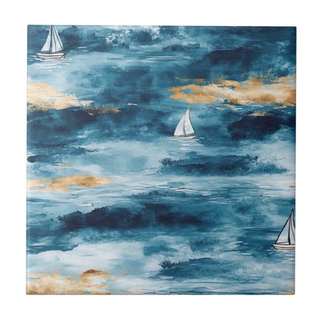 Blue Teal Sailboat Coastal Wave Pattern Ceramic Tile (Front)