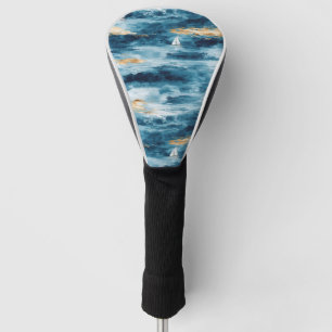 Blue Teal Sailboat Coastal Wave Pattern Golf Head Cover