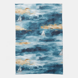 Blue Teal Sailboat Coastal Wave Pattern Kitchen Towel