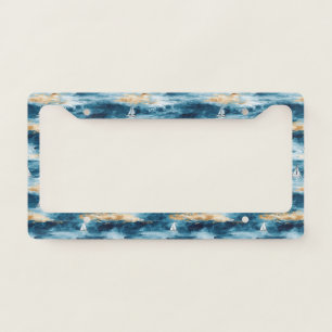 Blue Teal Sailboat Coastal Wave Pattern License Plate Frame