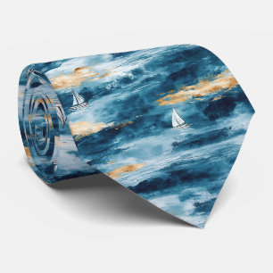 Blue Teal Sailboat Coastal Wave Pattern Neck Tie